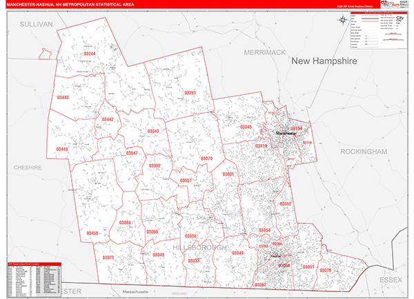 Manchester-Nashua Metro Area Wall Map Red Line Style
